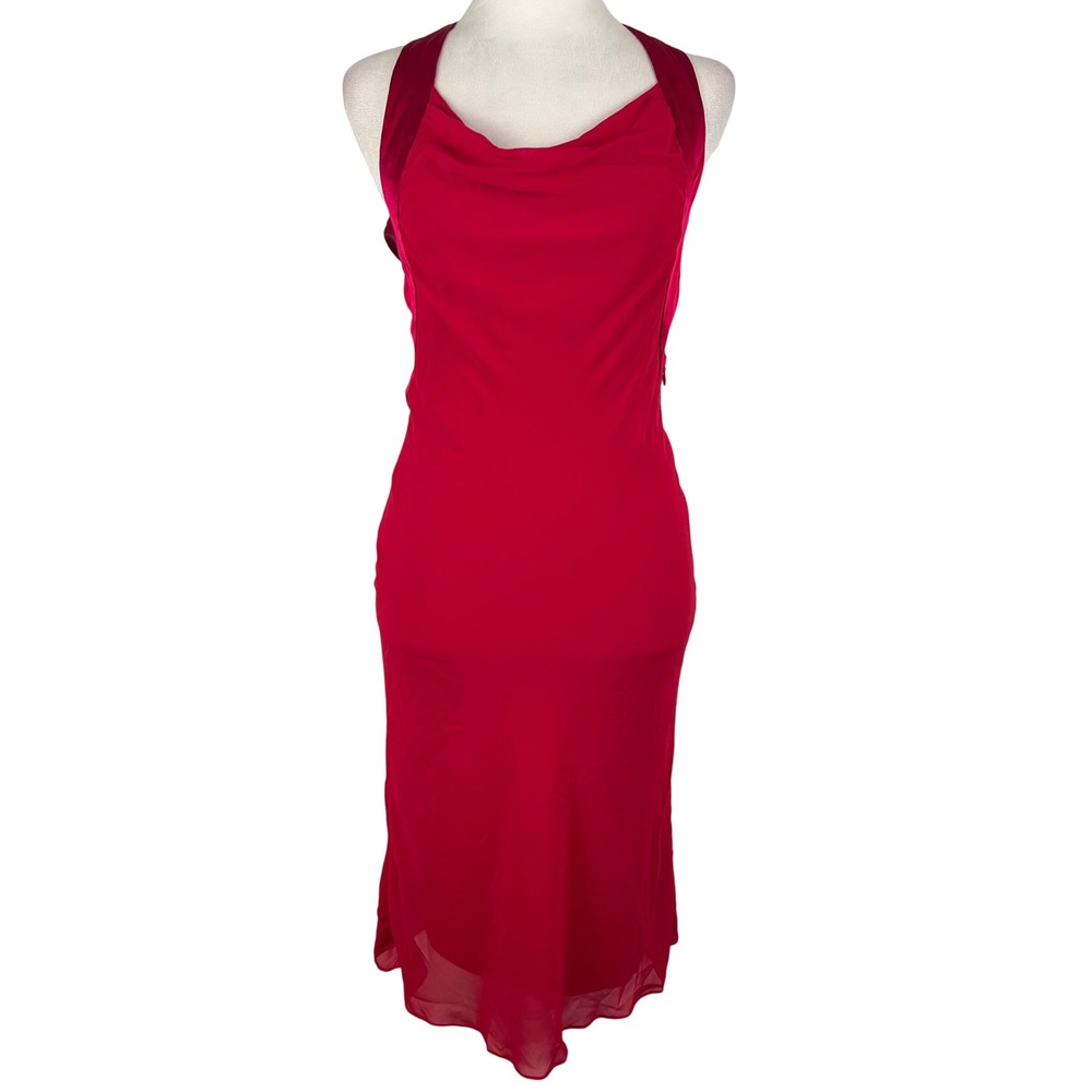 Armani Exchange Silk Slip Midi Dress Size 4 Halter Red Backless Satin Bow Cowl